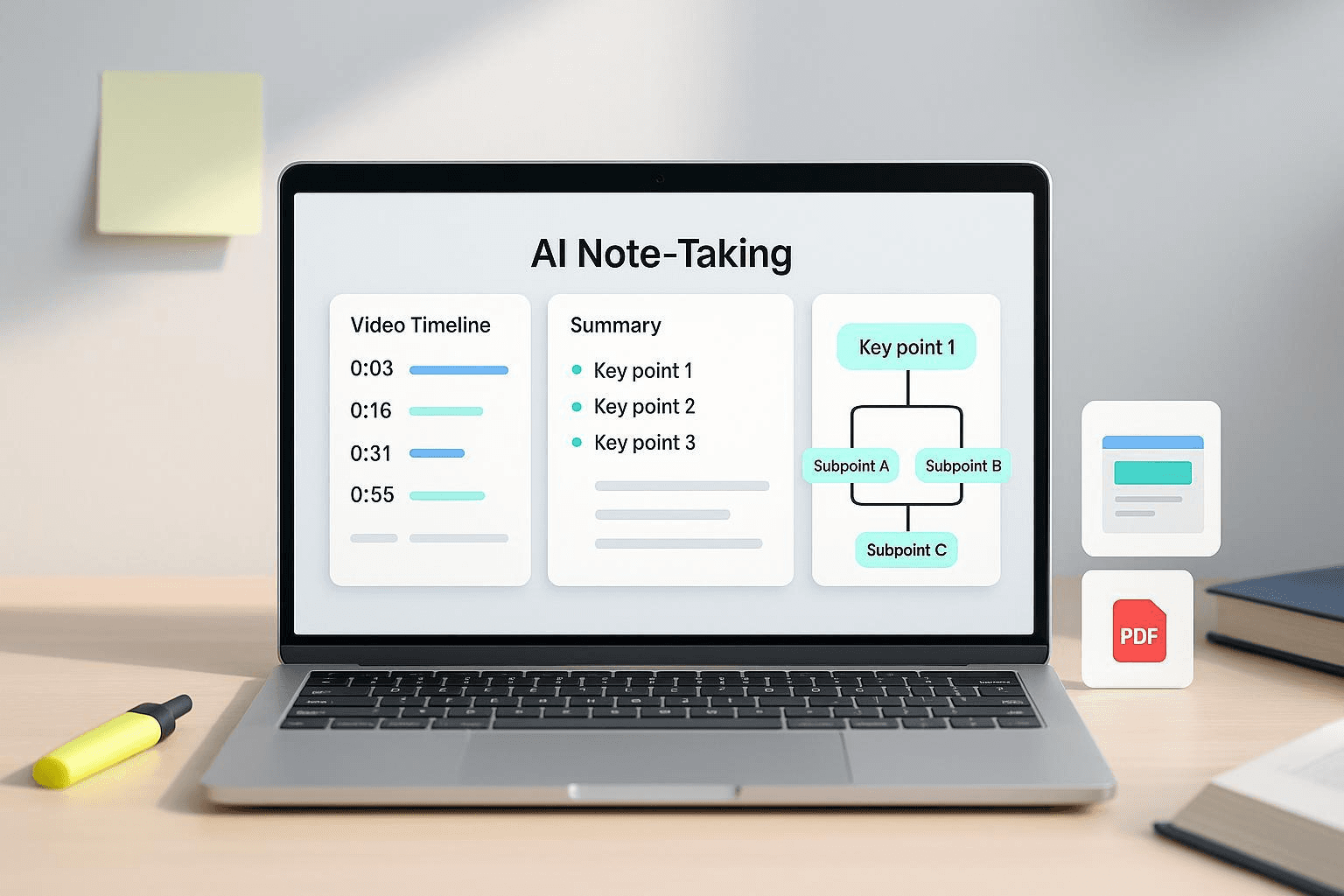 Laptop showing AI note-taking features - NoteGPT YouTube Summary