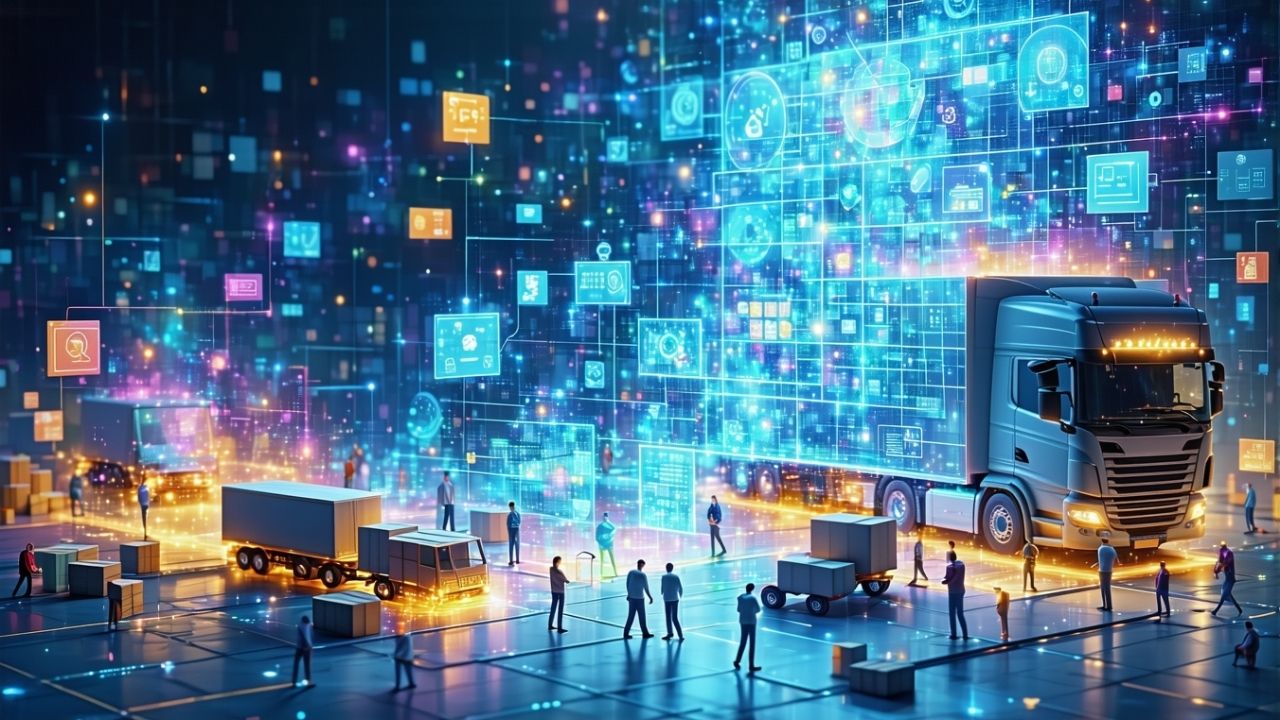 AI-powered logistics with trucks, cargo, and smart supply chain technology.
