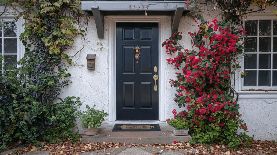 black-fiberglass-door-cracked-stucco