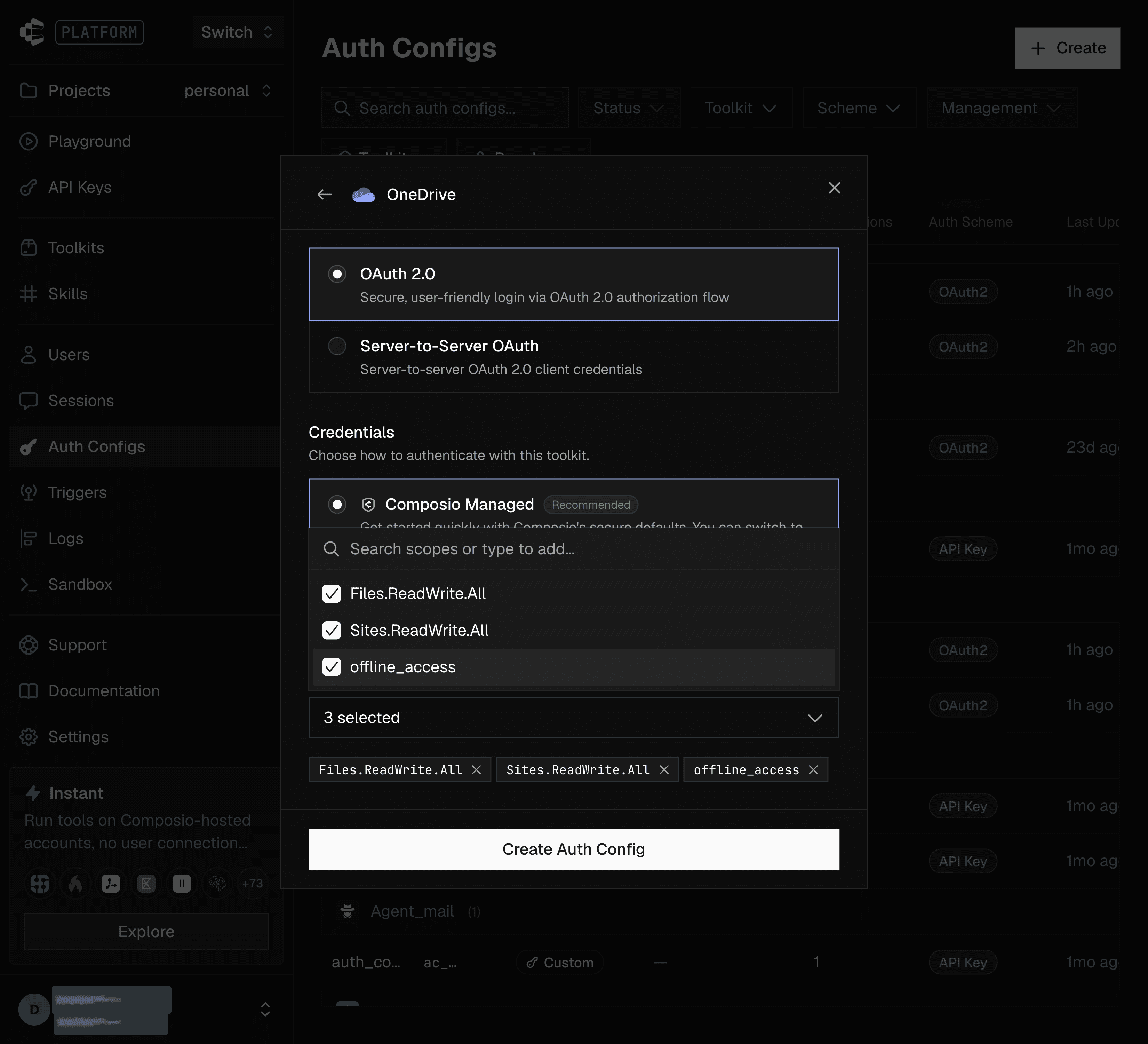 Scopes list for the managed OneDrive auth config with Files.ReadWrite.All, Sites.ReadWrite.All and offline_access selected