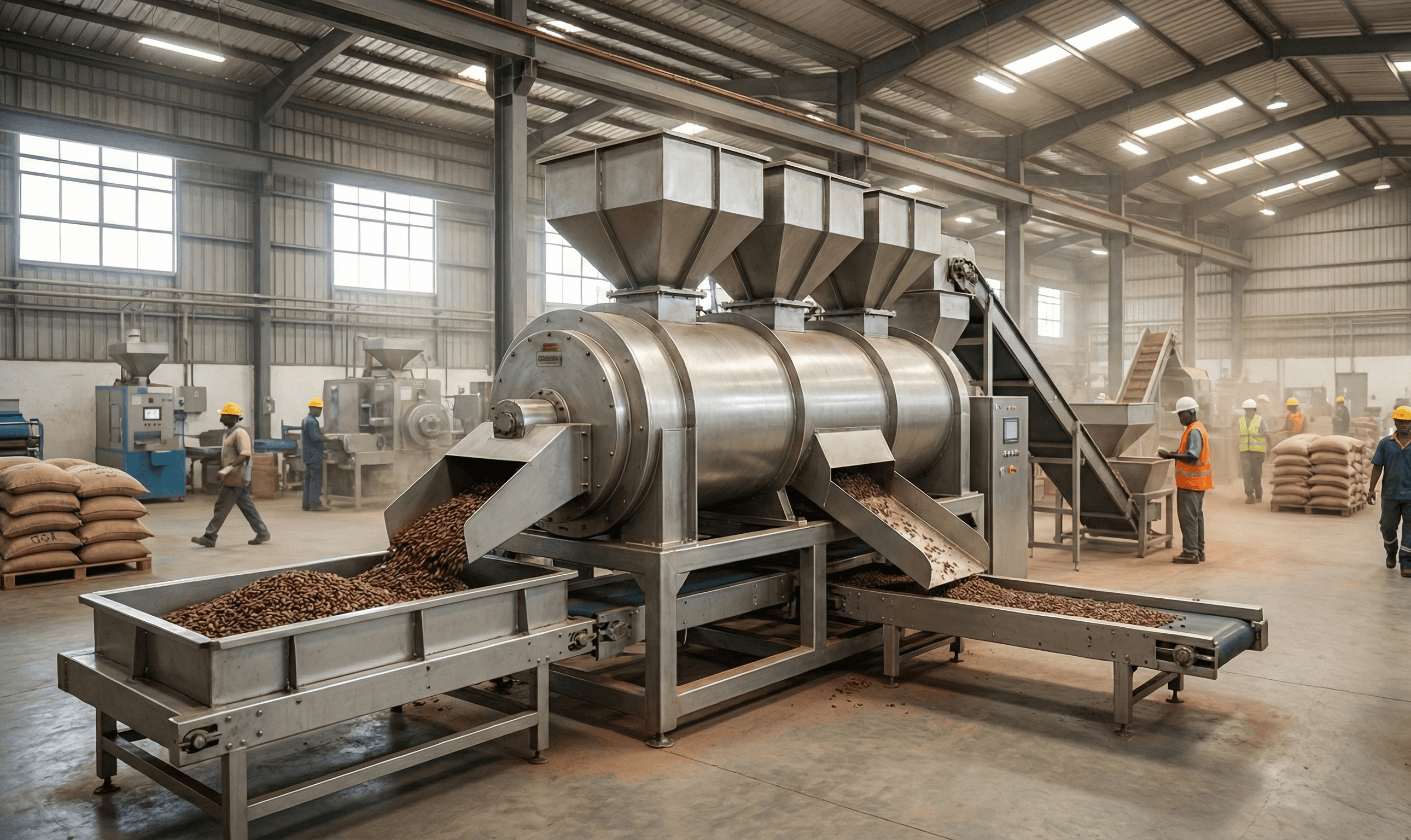 Une concasseuse de fèves de cacao dans une usine