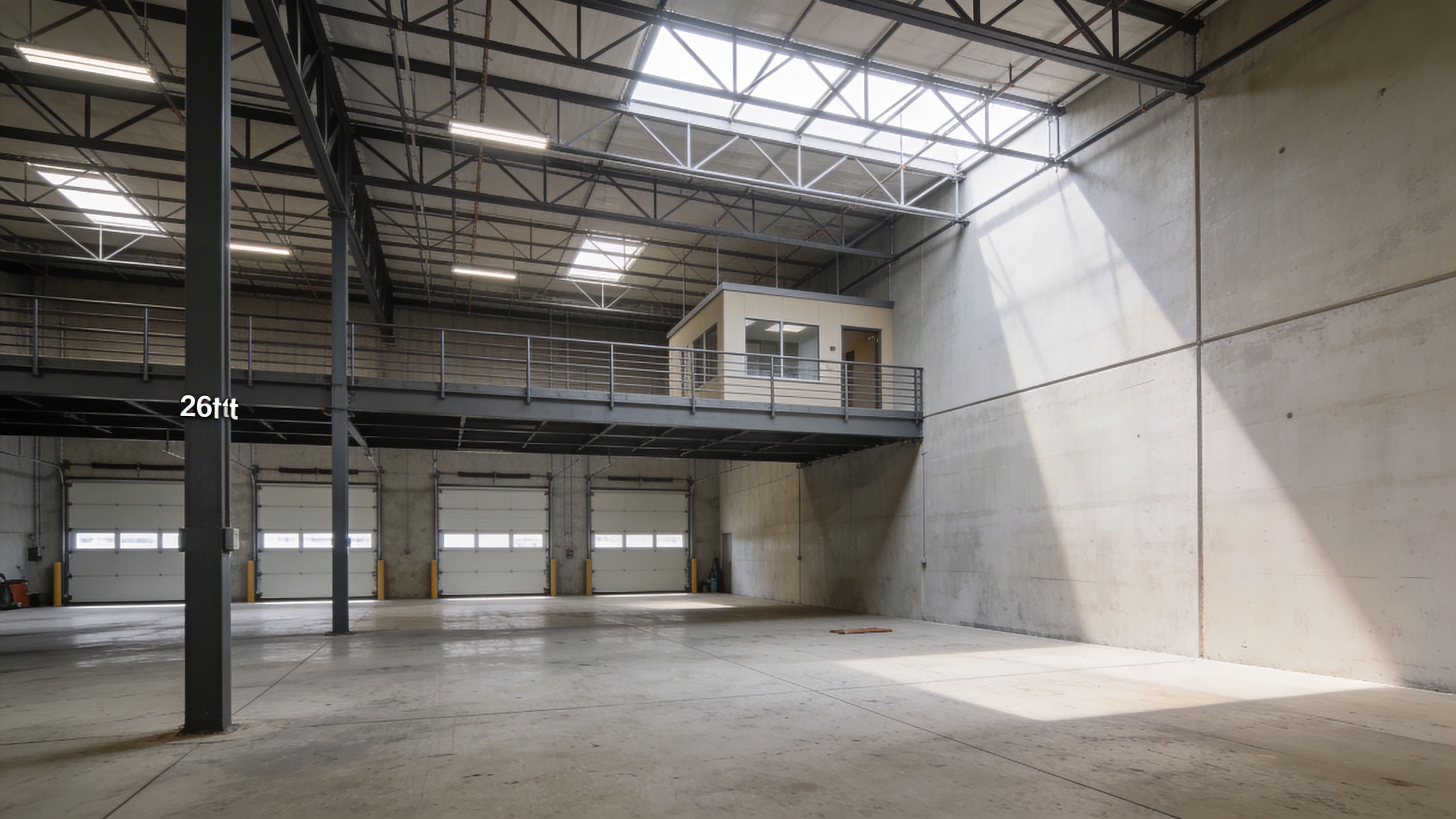 Modern warehouse interior with mezzanine office space and natural light, showing vertical storage capacity