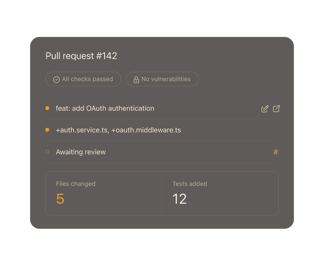 Pull request review interface with agent activity log showing tasks marked done
