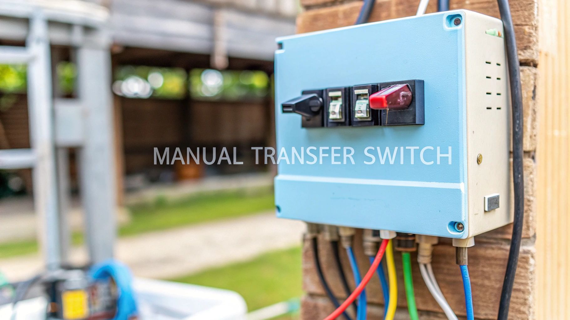 a blue manual transfer switch on a brick wall with wires extending out of it