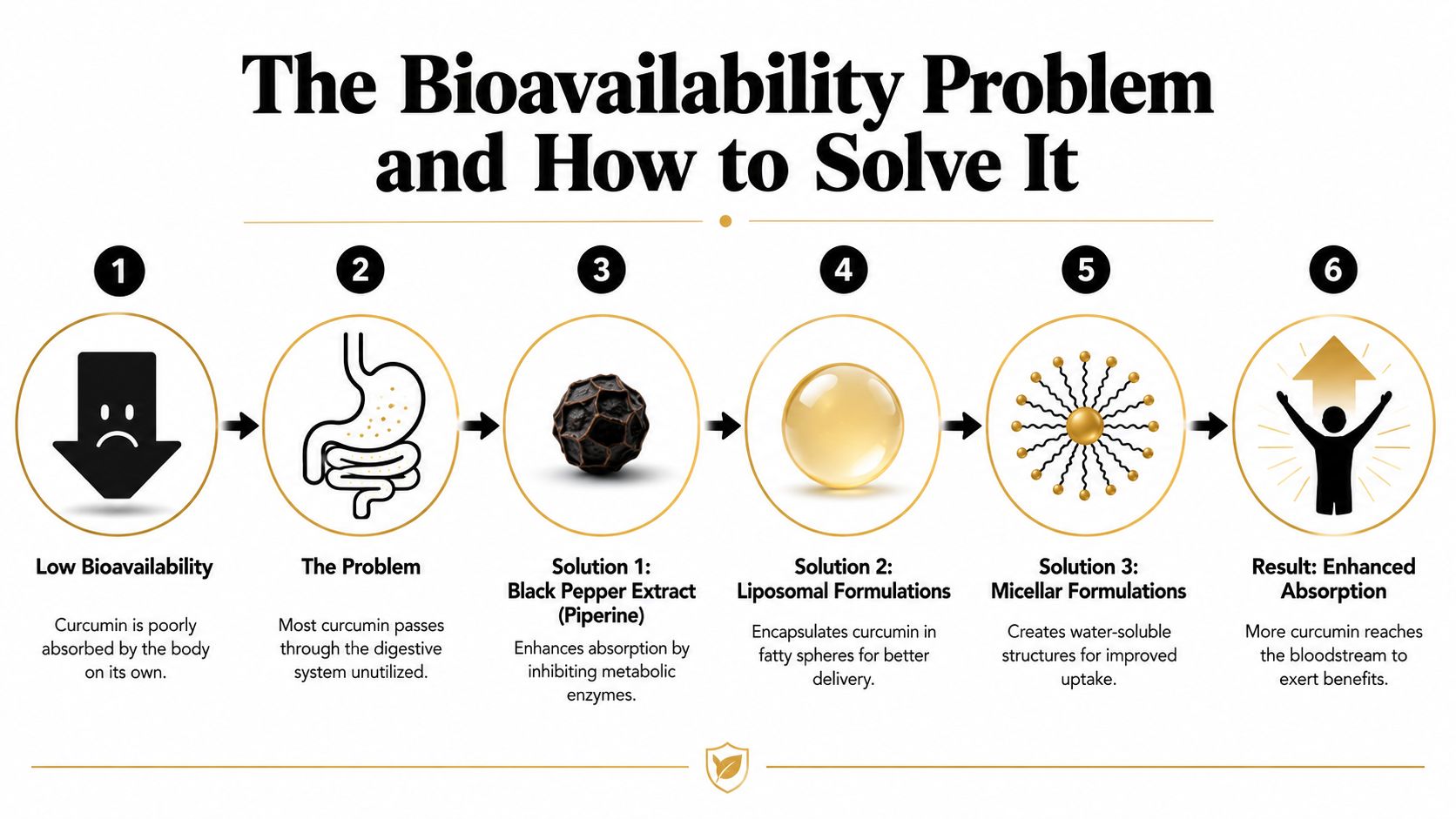An infographic titled The Bioavailability Problem explaining methods to improve curcumin absorption into the human body.