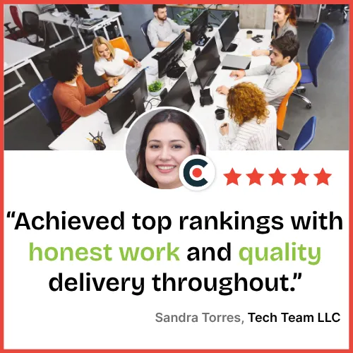 Five-star Clutch testimonial for Tech Team LLC by Sandra Torres with a team office photo.