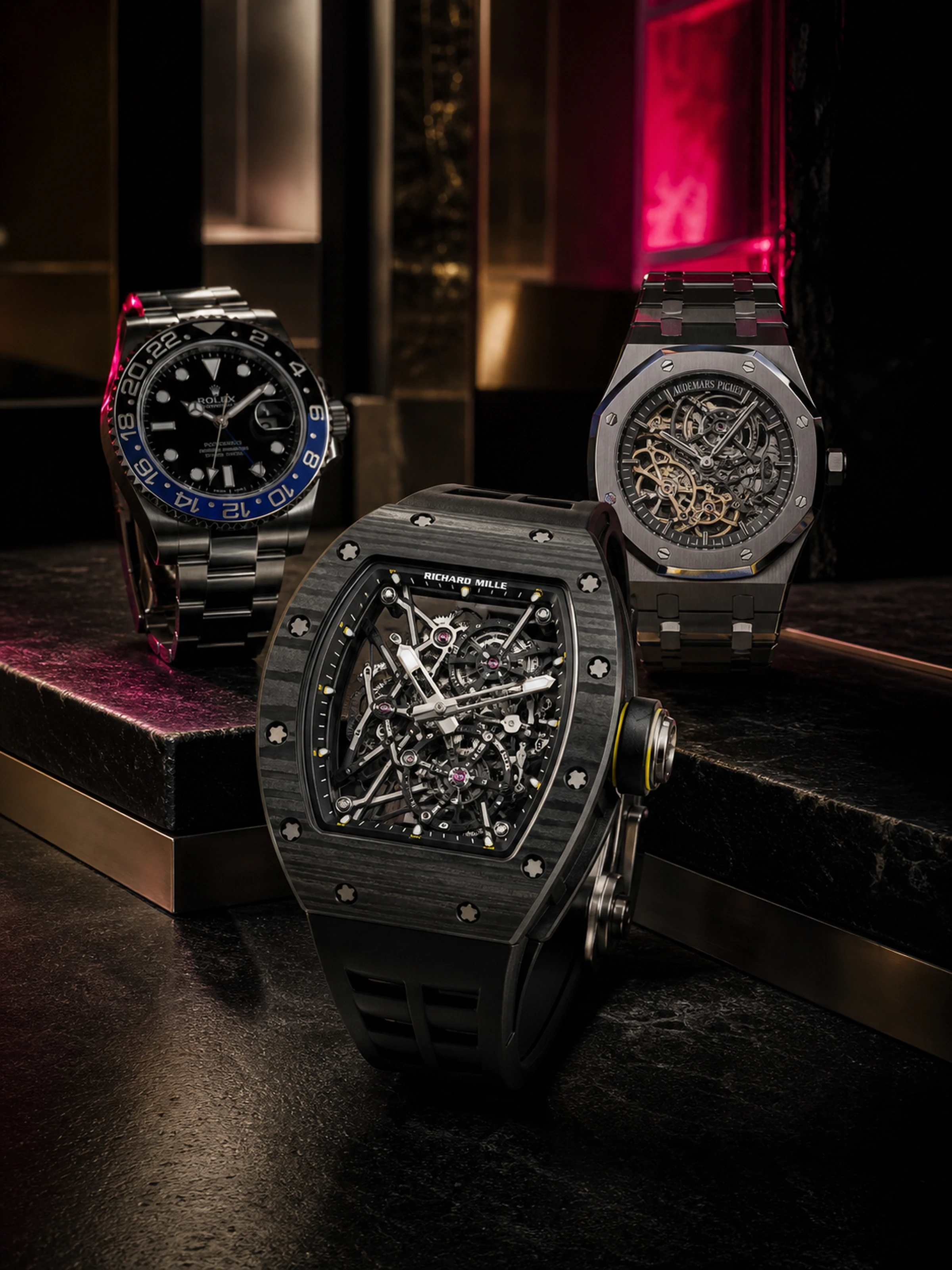 Premium Swiss watches arranged in an editorial composition