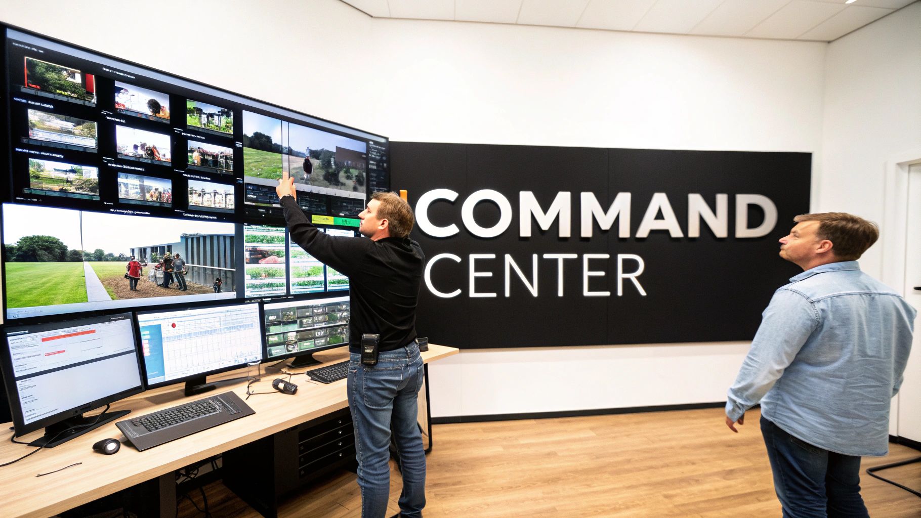 A team collaborating around a table with laptops, illustrating the planning phase of a video project.