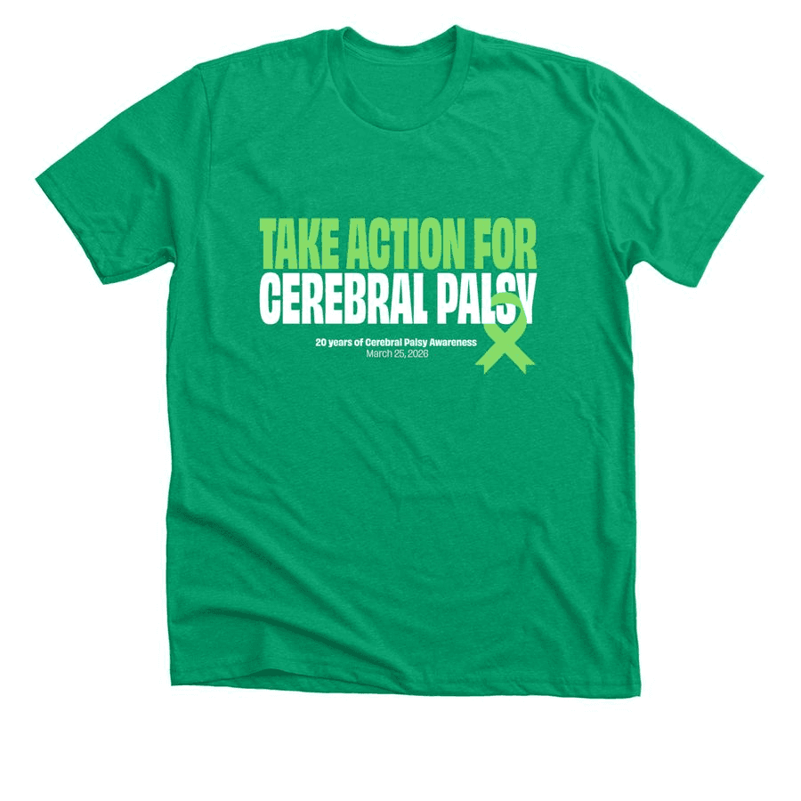 A green t-shirt displays the slogan "Take Action for Cerebral Palsy" in bold white and green text, promoting awareness with the date March 20, 2020, printed below.