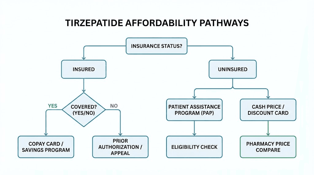 Affordable tirzepatide decision flowchart by insurance status