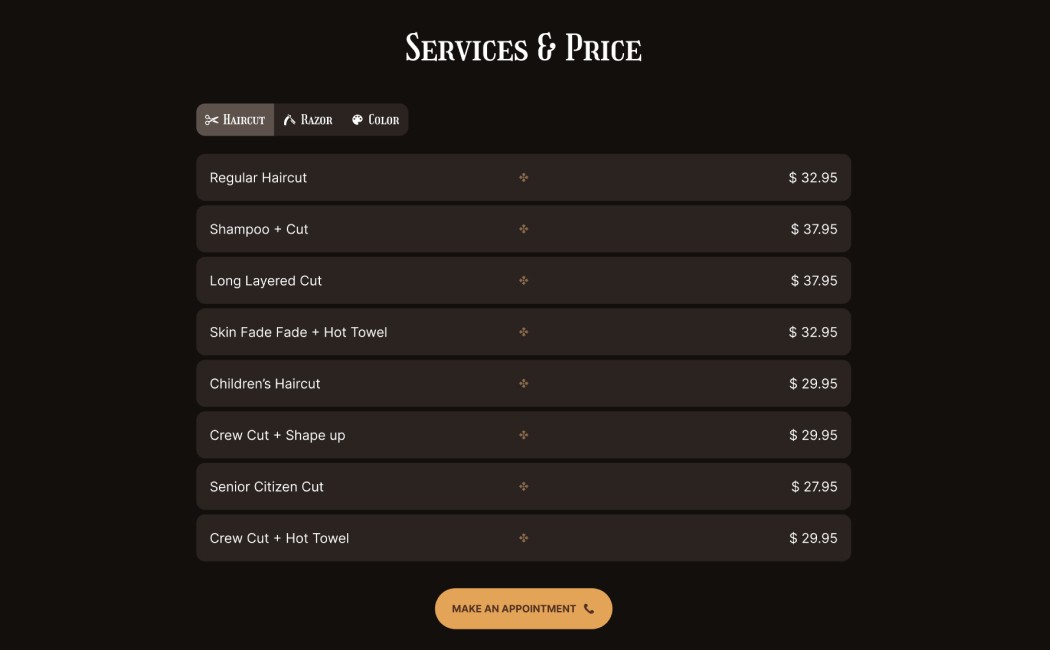 Dark Service Price List