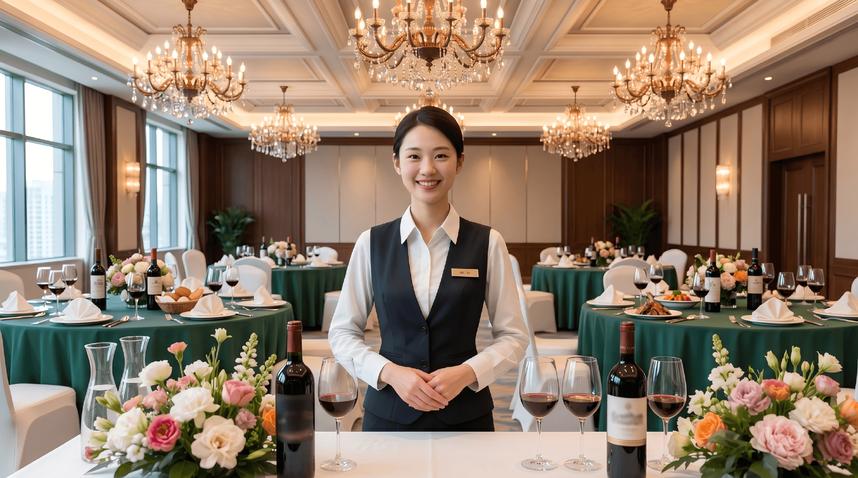 香港高端VIP商務晚宴現場，專業女服務人員於佈置完成的宴會廳前待命，圓桌佈置紅酒花藝與餐具，體現精緻貴賓接待與企業宴請氛圍 High-end VIP corporate dinner reception setup in Hong Kong banquet hall