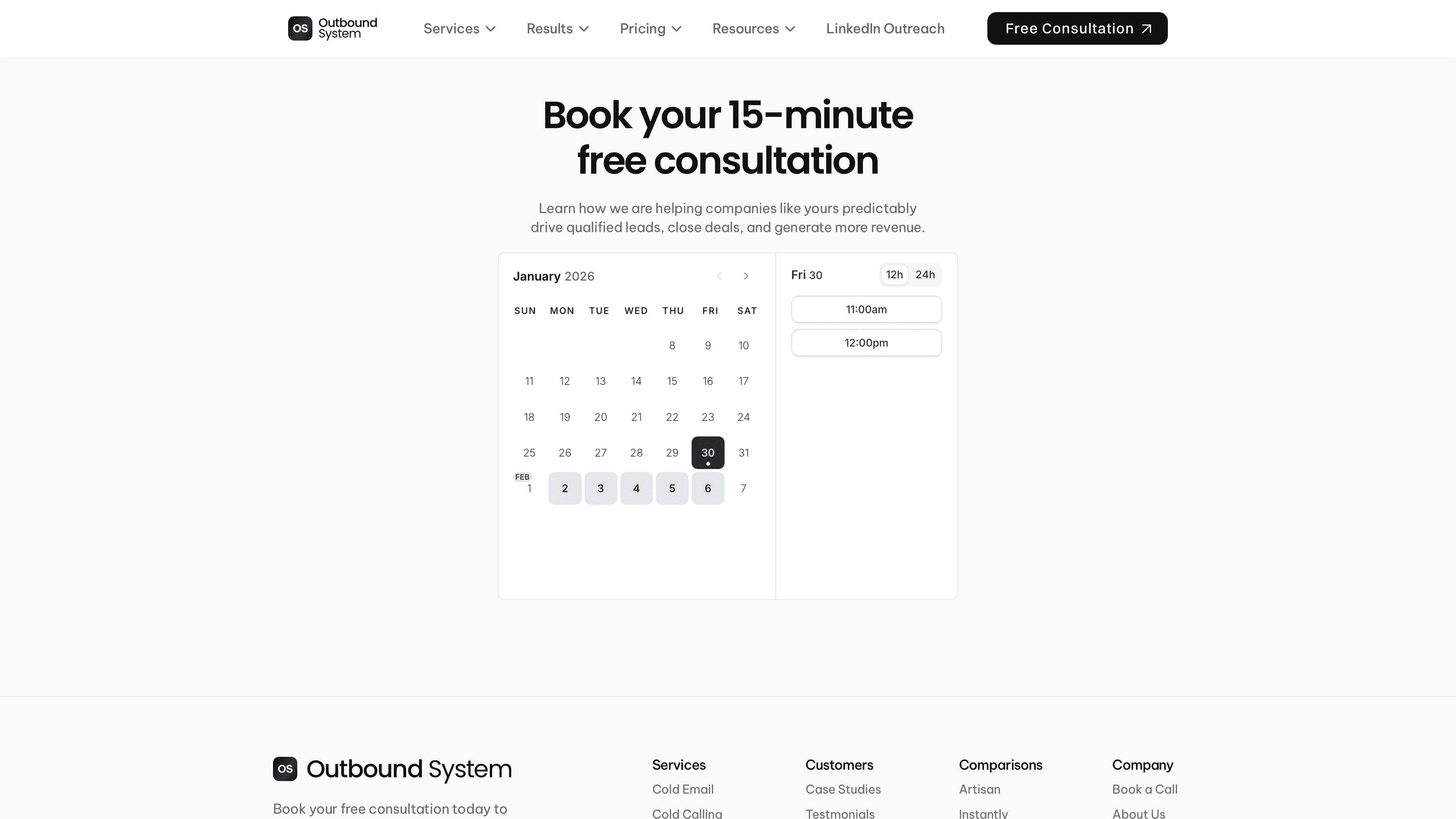 Outbound System booking page for 15-minute free consultation call scheduling
