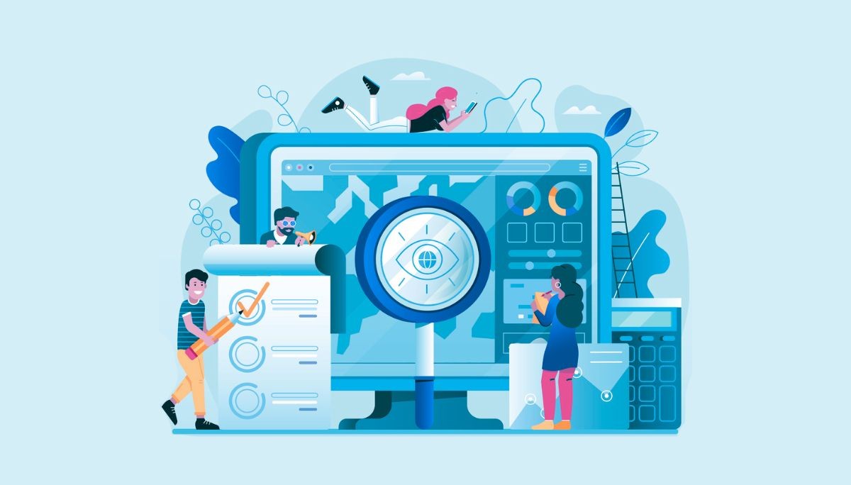 Illustration of a large computer screen with charts and a magnifying glass, surrounded by people reviewing data and checklists, representing employee monitoring and digital activity tracking.