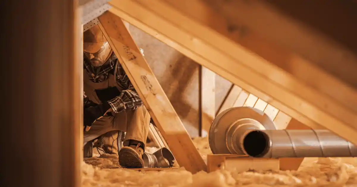A technician working with attic insulation