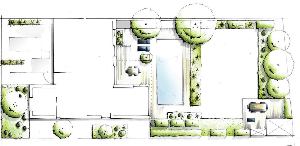 Gestaltungsplan einer Gartenanlage mit Rundplatz, Wegen und abwechslungsreichen Pflanzflächen.