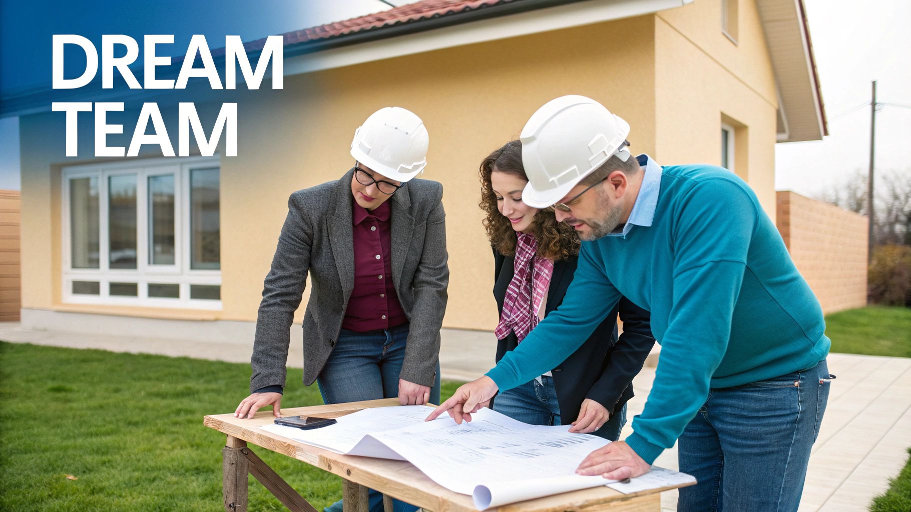 Three architects in hard hats review building blueprints on a table outdoors near a new house.