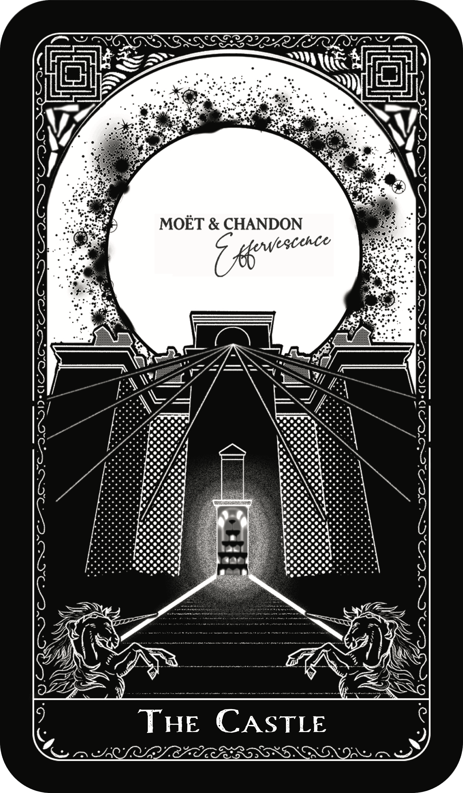 Black Moët & Chandon tarot-style guest card with castle illustration and ornamental border