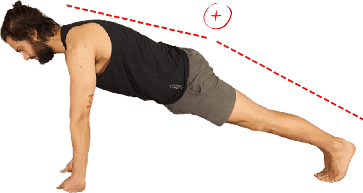Plank Pose from the side with a red dotted line running the length of the body, showing that arm length plays no part in setting up the pose.