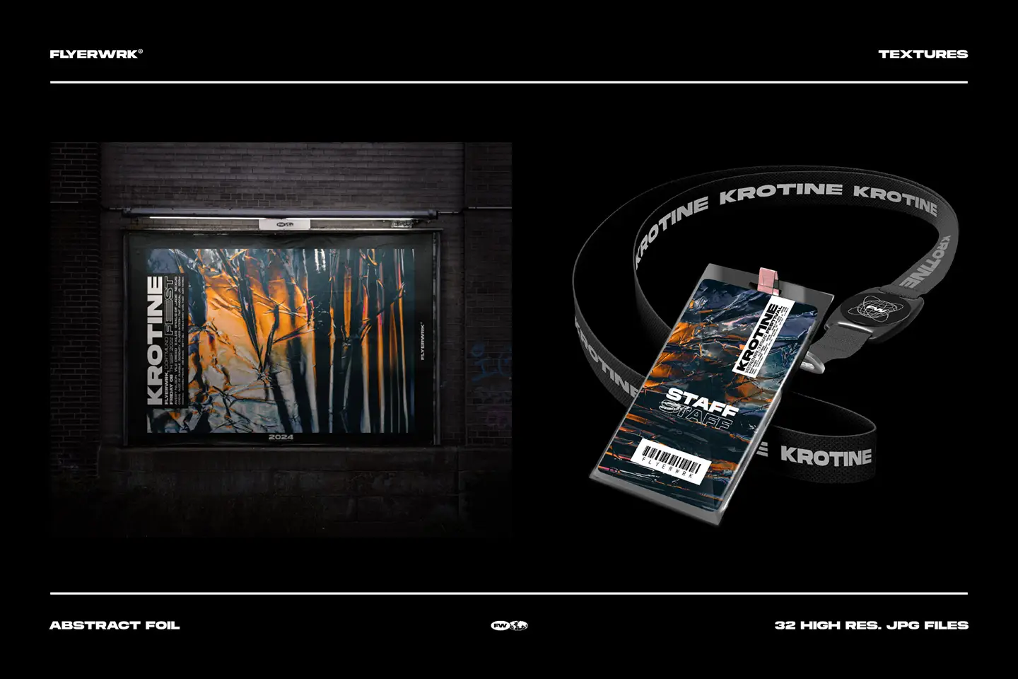 Krotine abstract metal foil textures applied to an outdoor billboard and event staff badge mockup