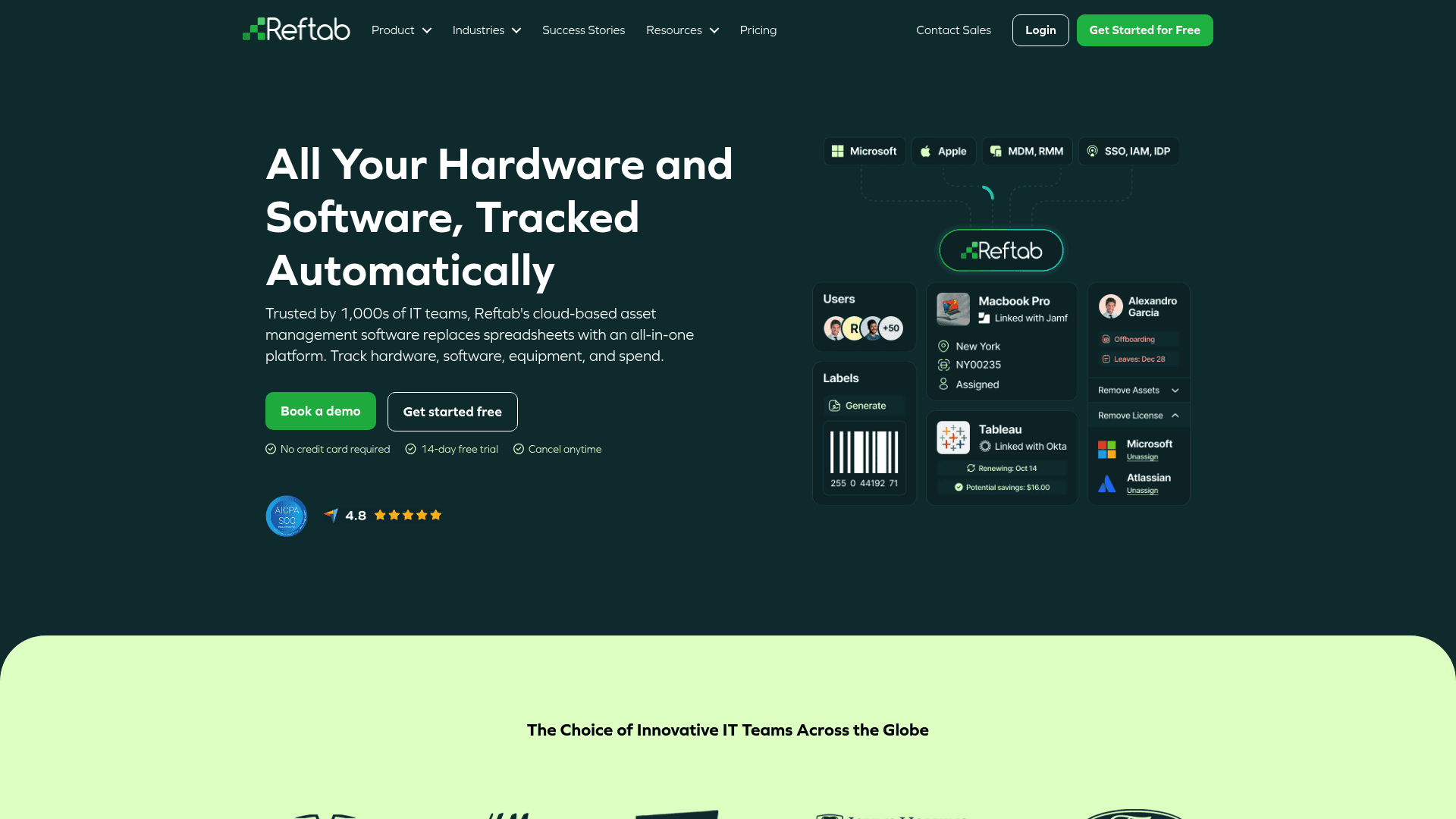 A screenshot of the Reftab homepage, showcasing a flexible BlueTally alternative with asset-based pricing.