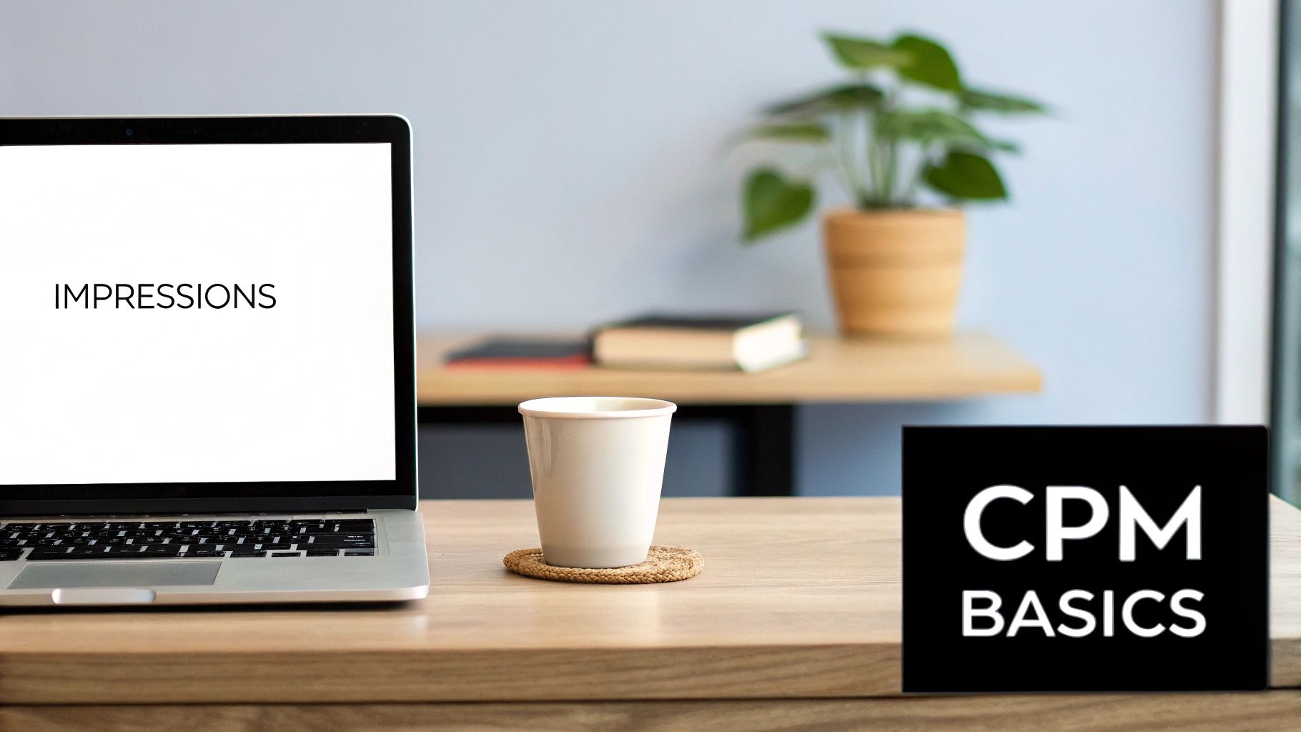 Laptop displaying 'IMPRESSIONS' on screen, with a cup and 'CPM BASICS' sign on a wooden desk.
