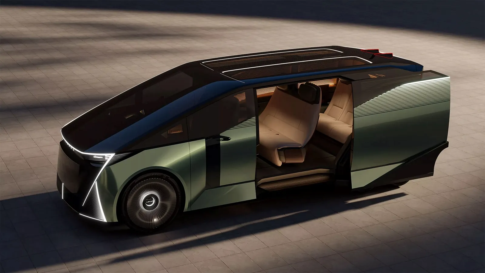 A futuristic electric minivan with sleek, angular design and a luxurious interior is showcased with one sliding door open, highlighting its spacious passenger area and modern features, set against a sunlit, tiled background.