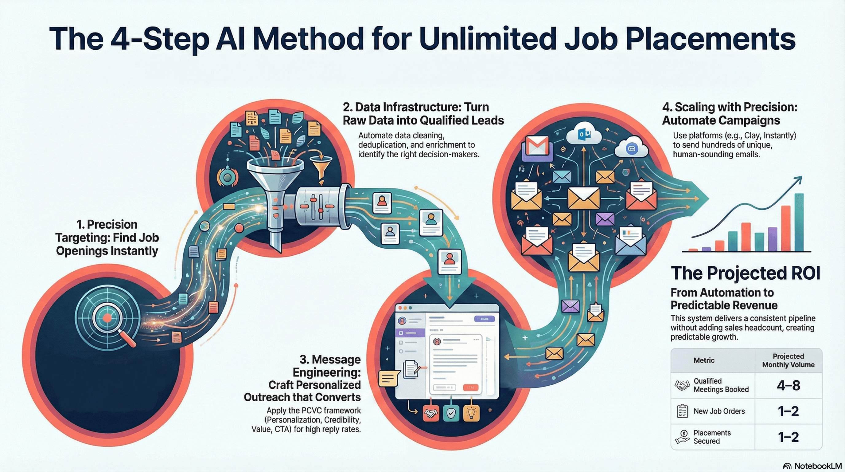 Infographic showing the 4-step AI method for unlimited job placements: precision targeting, data infrastructure, message engineering, and automated scaling with projected ROI metrics