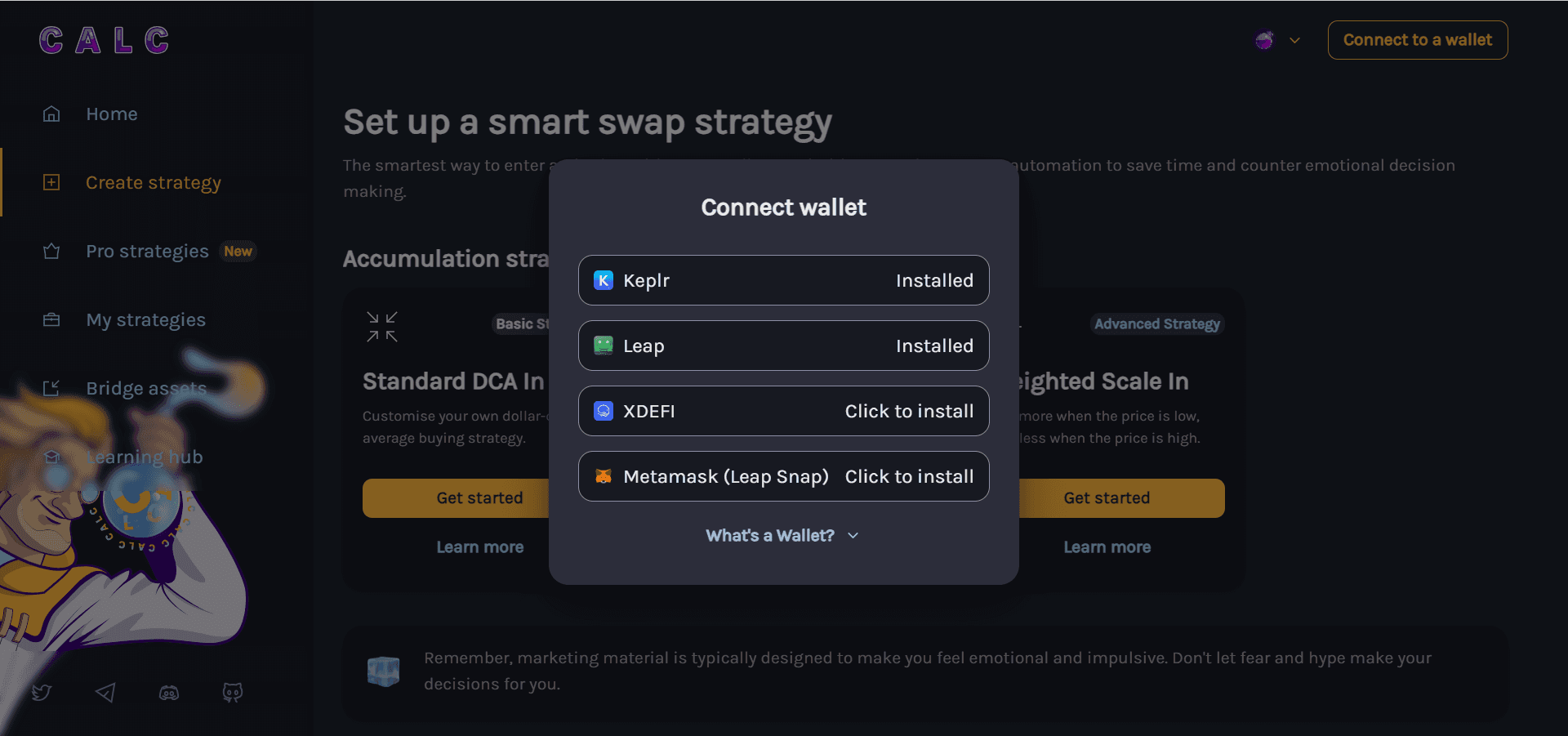 Connect to Leap Wallet on Calc Finance