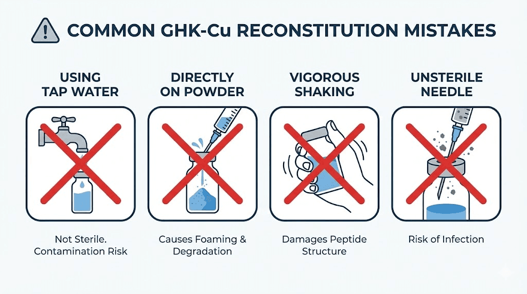 Common GHK-Cu reconstitution mistakes to avoid including shaking and direct water injection