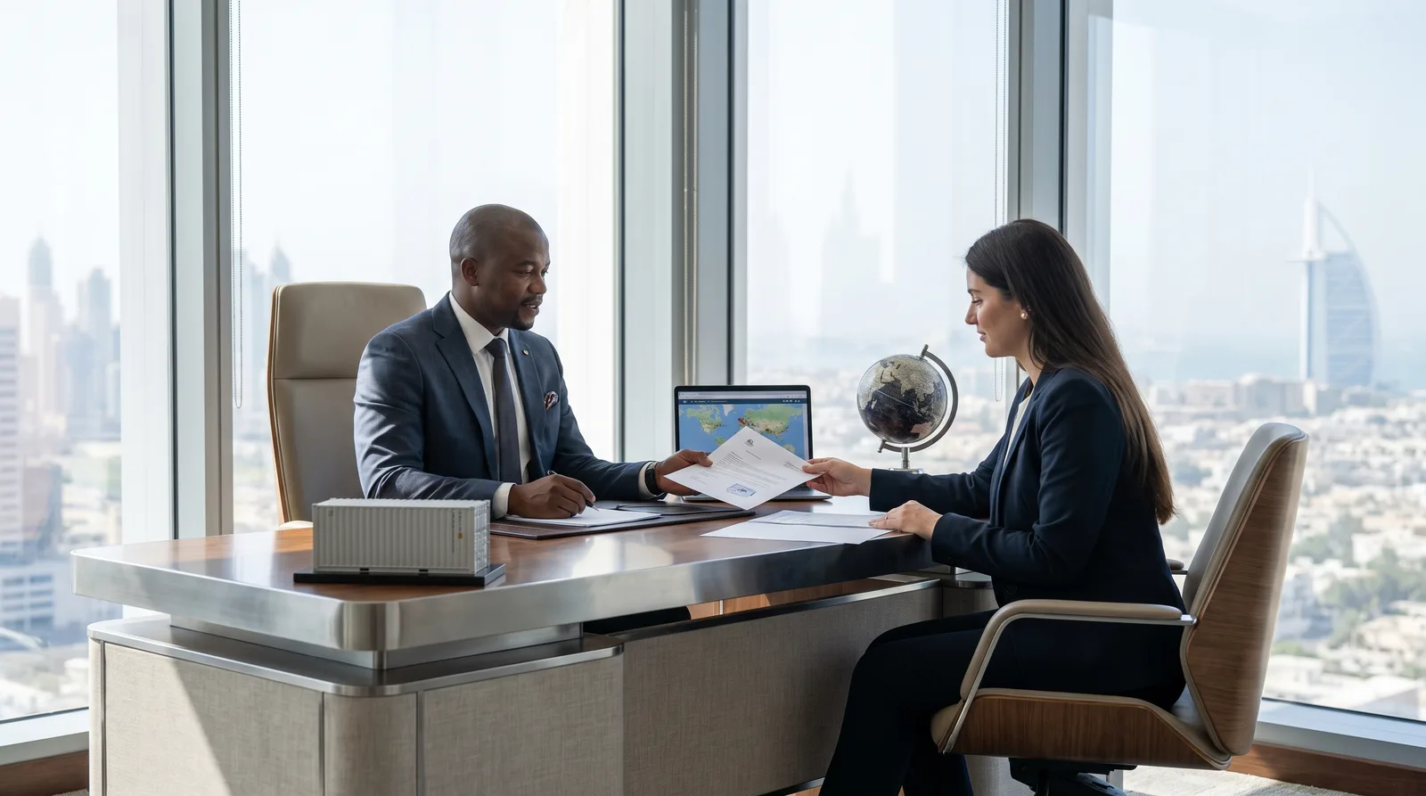 South African founder planning a Dubai company setup at a modern desk with the skyline behind