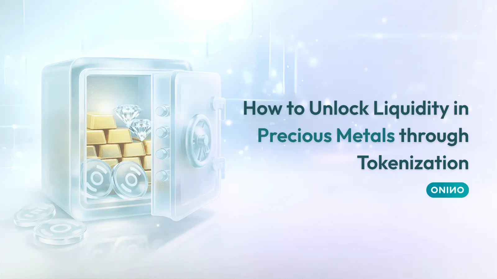 Open vault containing gold bars, diamonds, and digital tokens illustrating how to unlock liquidity in precious metals through tokenization — ONINO