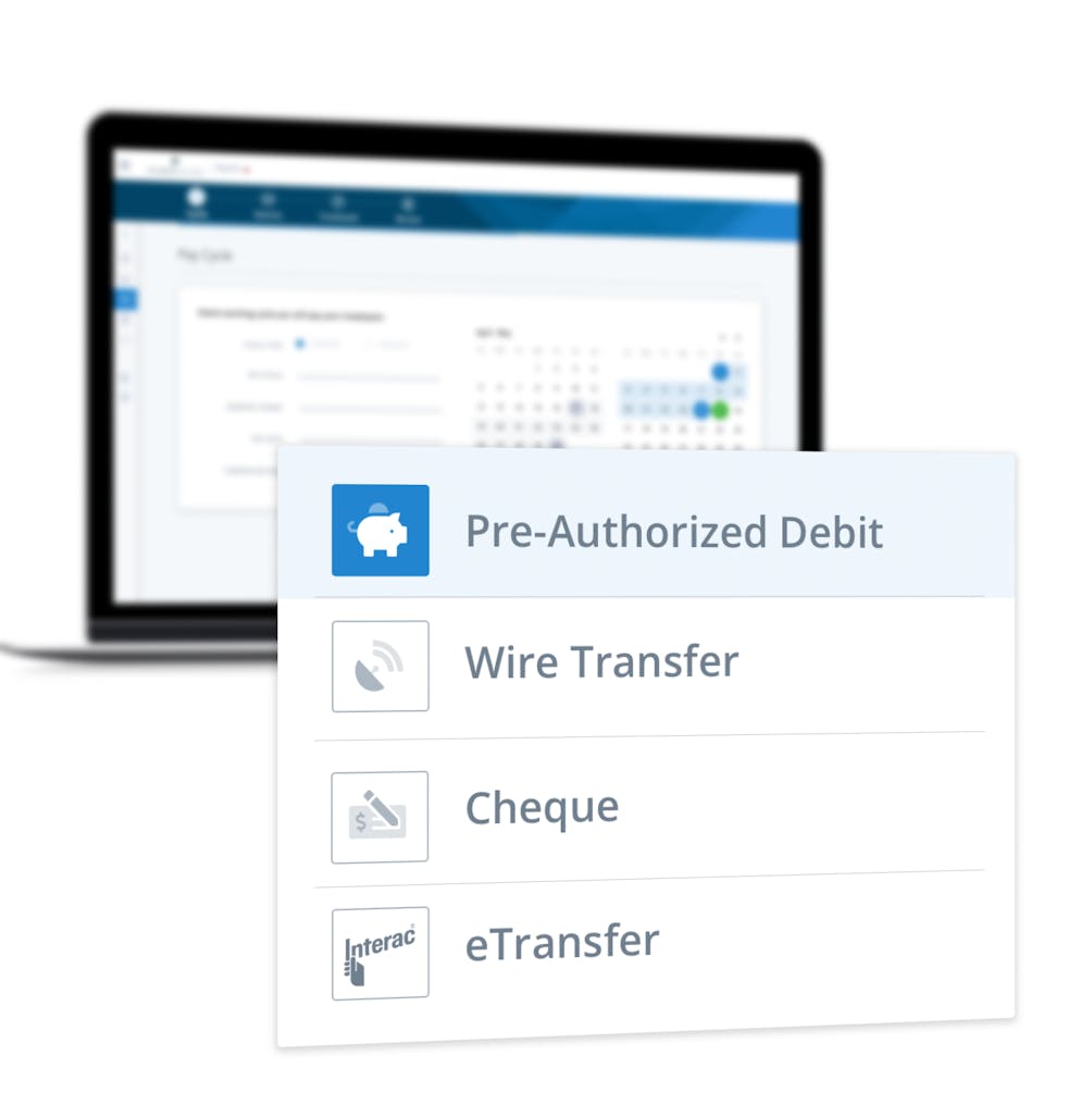 Payment method selection interface showing Pre-Authorized Debit, Wire Transfer, Cheque, and eTransfer options for seamless foreign exchange payroll with automatic Canadian dollar conversion