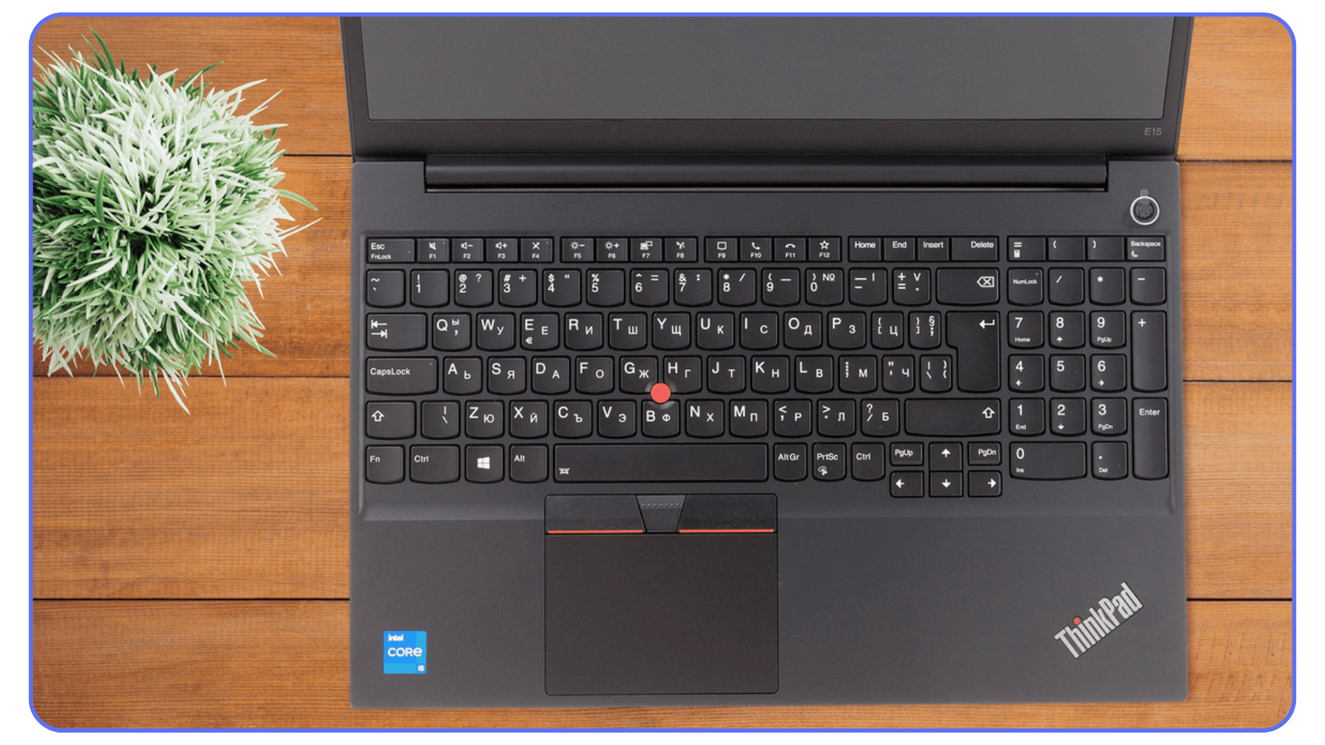 A top-down view of a Lenovo ThinkPad E15 keyboard, with a potted plant next to it and a warm wooden surface.
