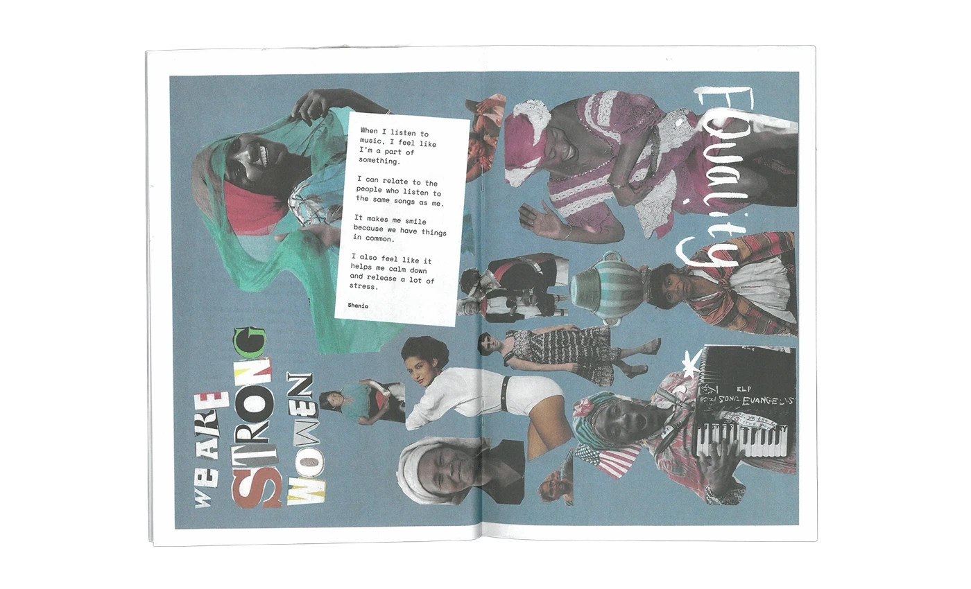Double page "We are strong women" avec des découpages collages de femmes.