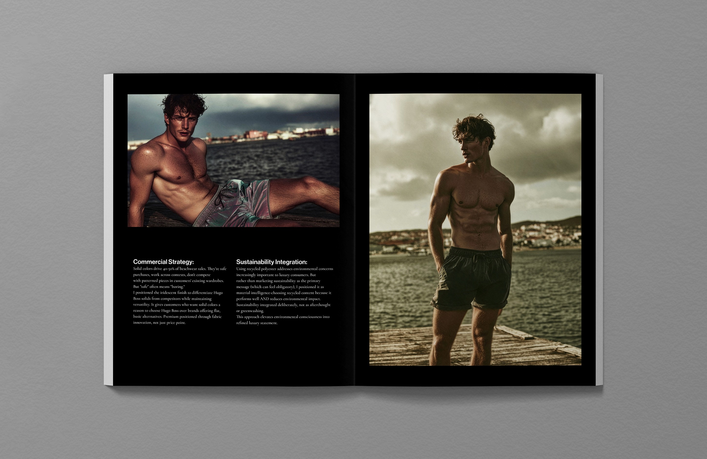 Hugo Boss SS26 editorial spread, models in patterned and solid iridiscent swim shorts, Commercial Strategy and Sustainability Integration text