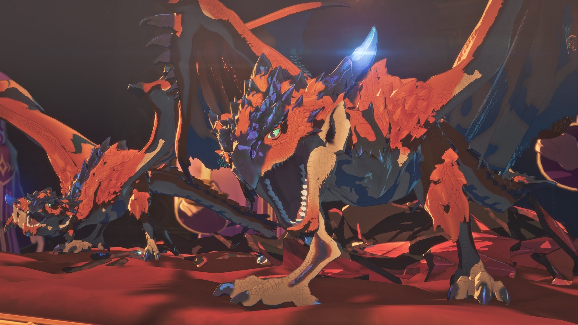 Grand dragon affronté dans Monster Hunter Stories 3 Twisted Reflection lors d’un combat épique contre un monstre légendaire