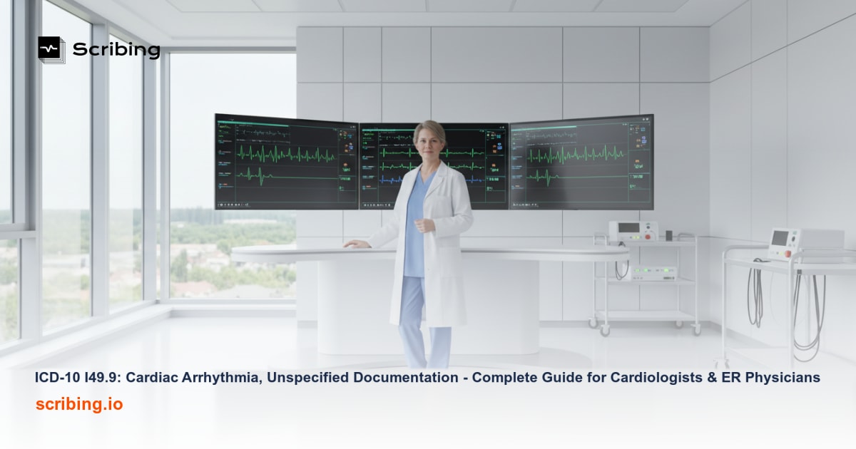 Cardiac monitor displaying heart rhythm ECG waveform alongside a stethoscope and medical documentation, representing ICD-10 I49.9 cardiac arrhythmia clinical documentation for cardiologists