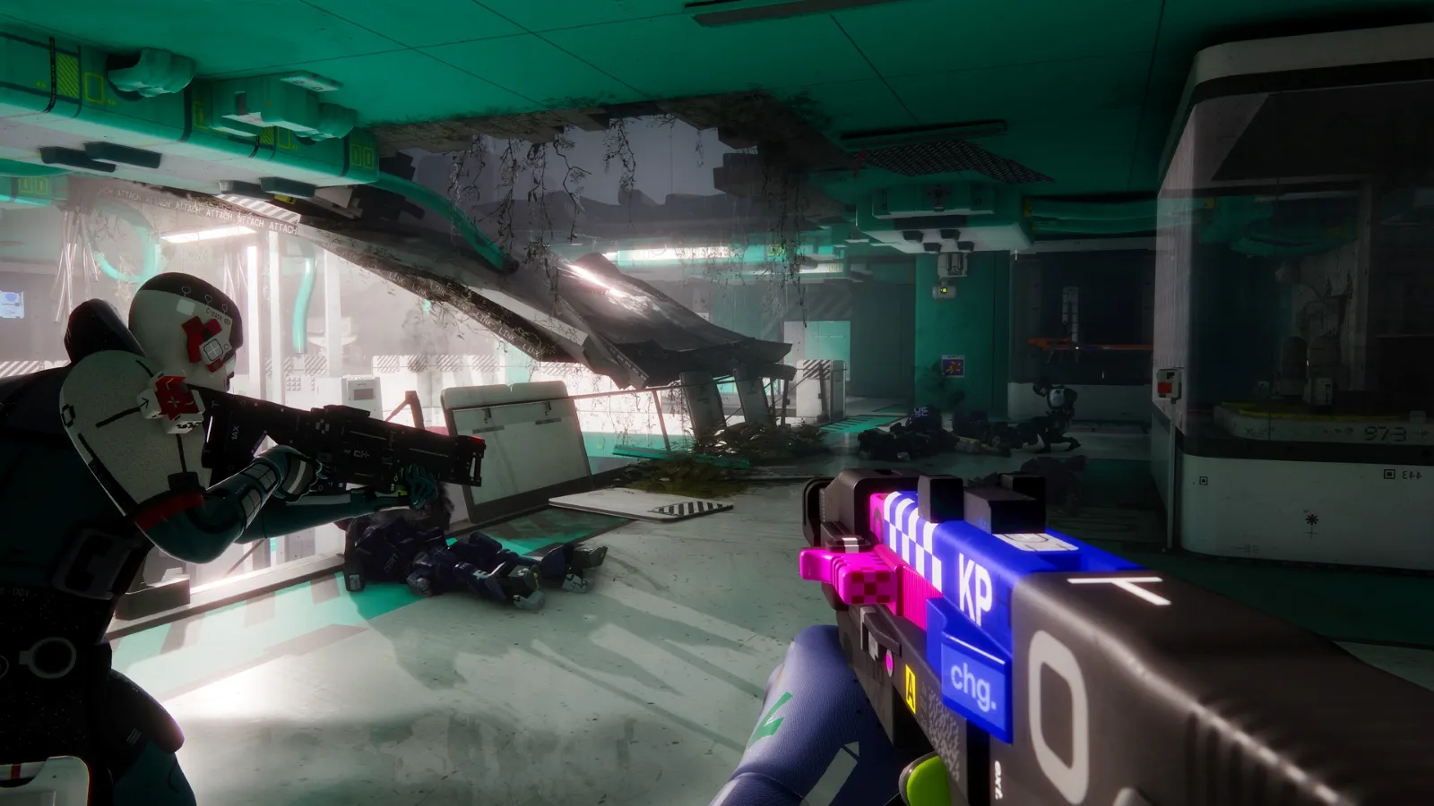 A futuristic soldier in advanced armour takes aim inside a damaged, high-tech sci-fi laboratory with debris and fallen equipment scattered across the illuminated, sterile environment.