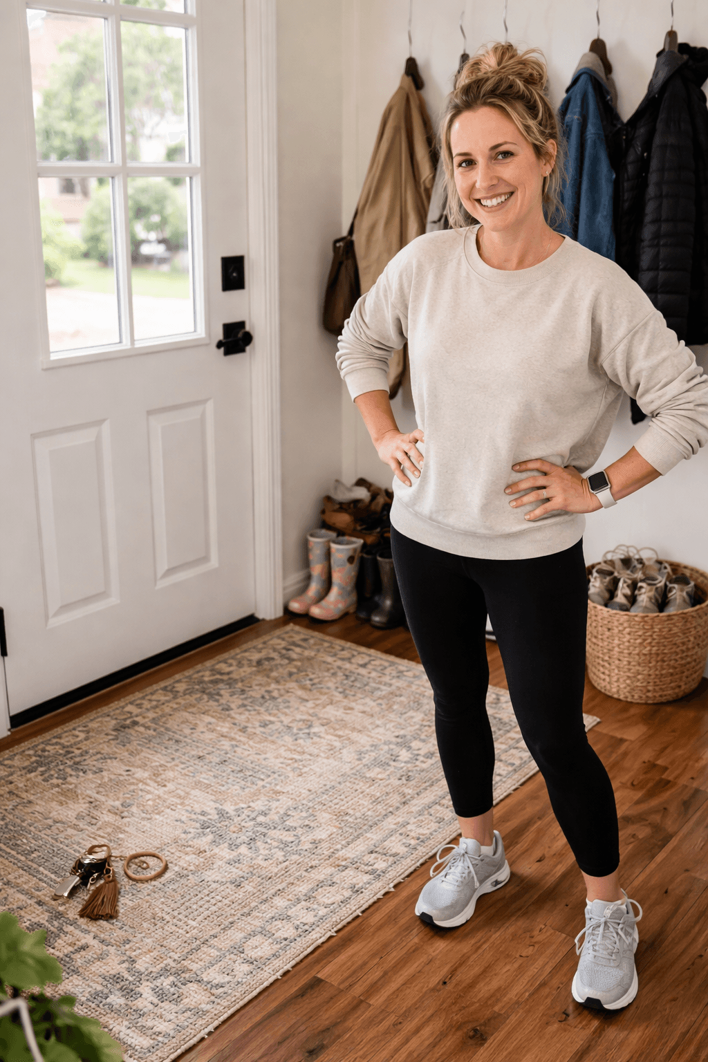 A woman wearing a tan blouse and black yoga pants is standing in the entryway of her home with her hands on her hips. She is smiling and happy that her home is rid of the clutter she had taking up space in the entryway.