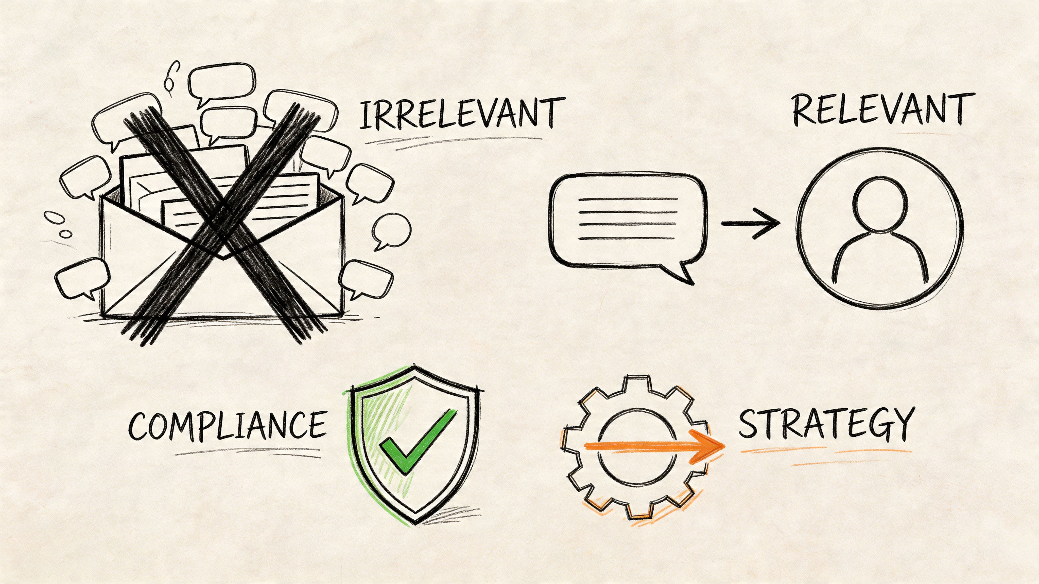 A conceptual sketch illustrating themes of irrelevant communication, relevant messaging, compliance, and strategic planning using icons.