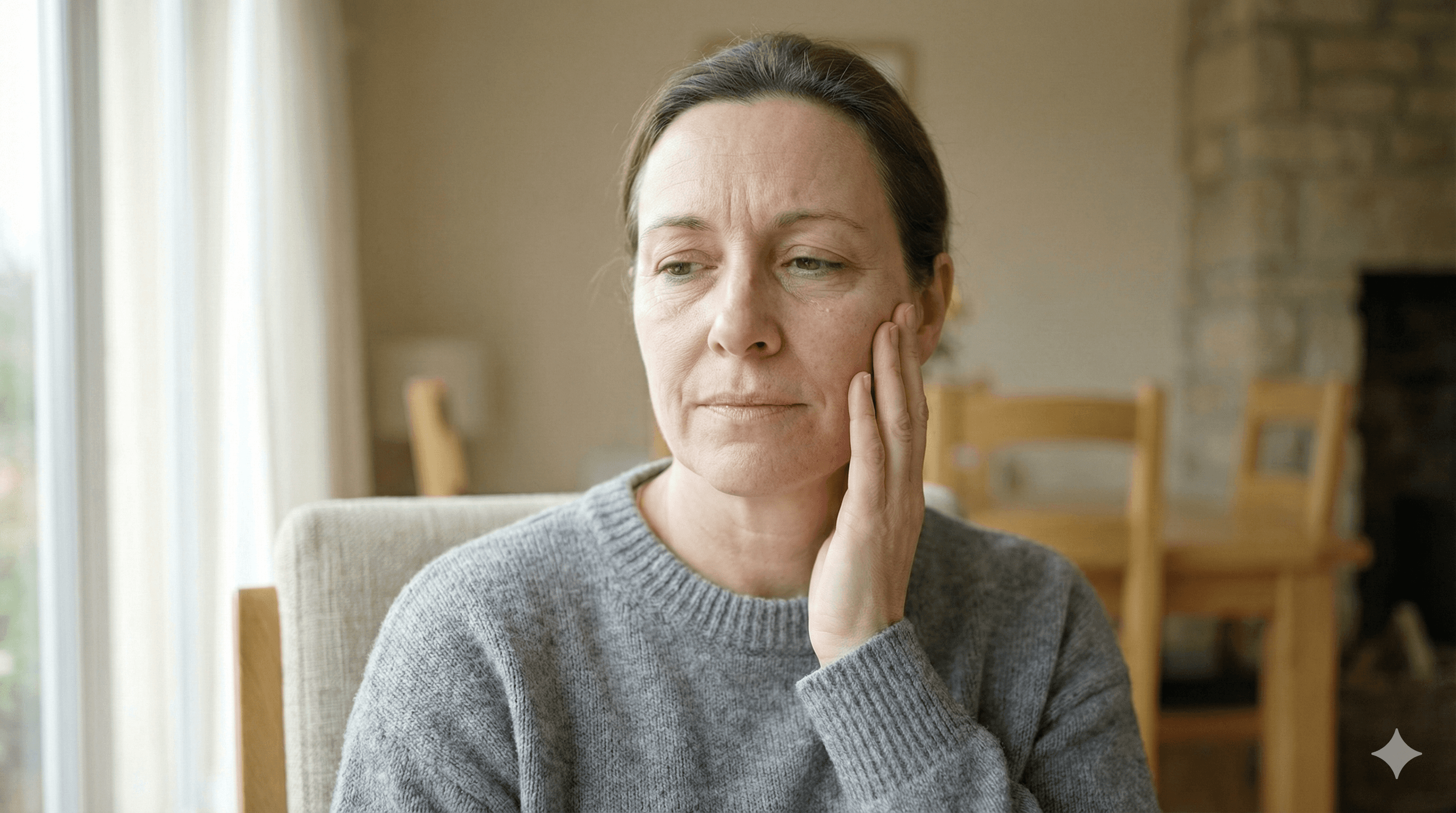 Pacientă cu disconfort la nivelul obrazului după o intervenție dentară, în lumină naturală.