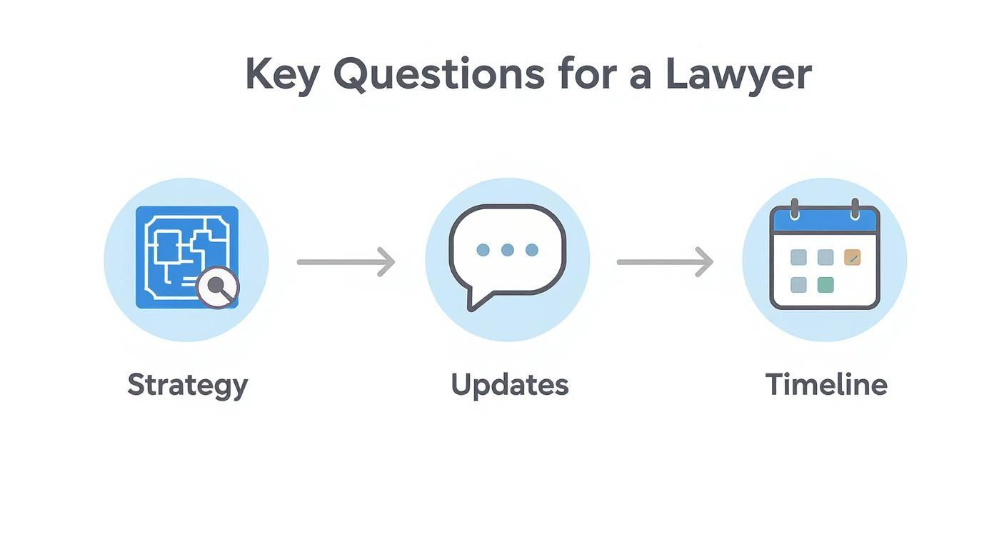 Infographic outlining key questions to ask a lawyer about strategy, updates, and timeline.