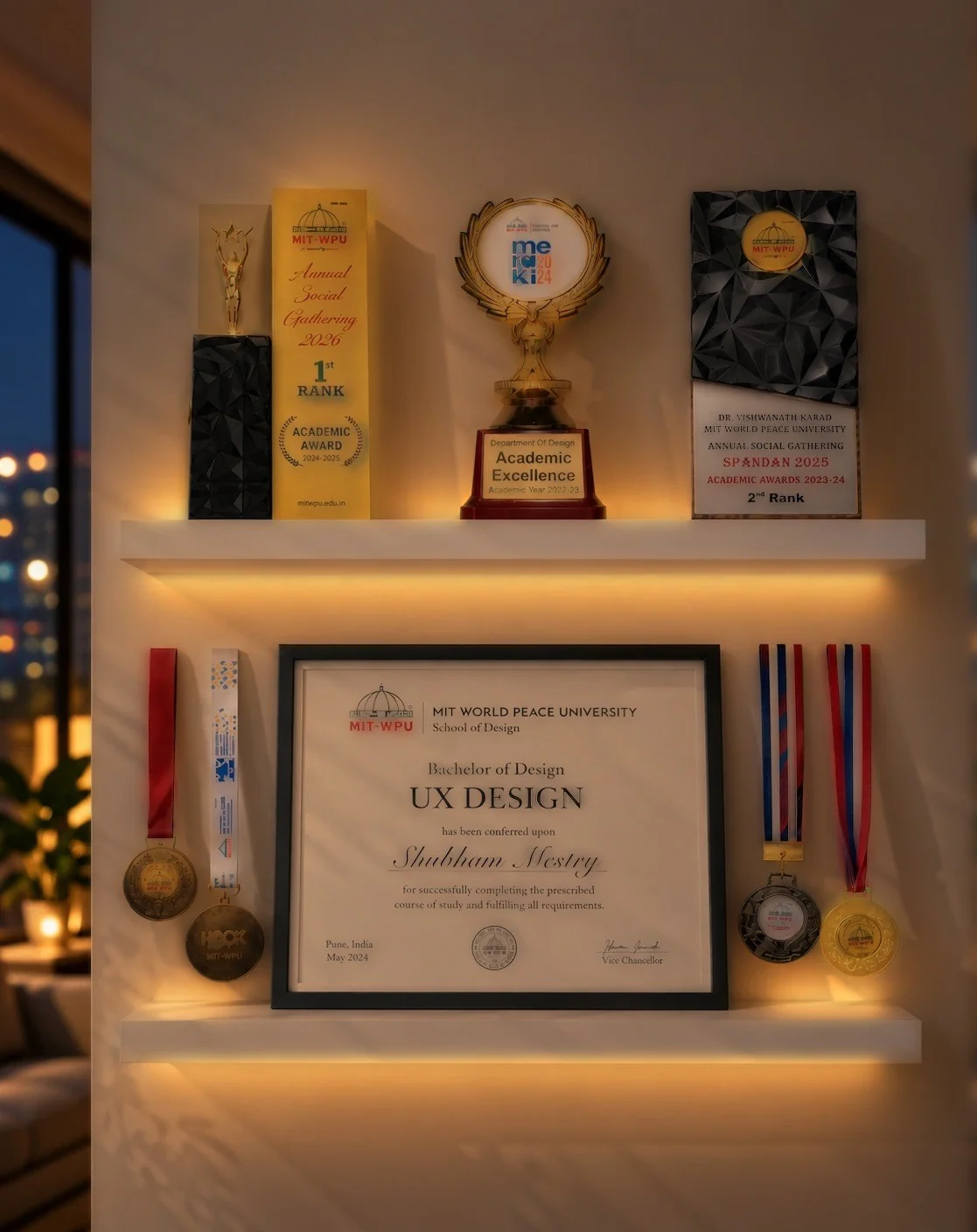 Shubham Mestry's design awards shelf at night: MIT-WPU academic rank trophies, medals and B.Des UX Design degree