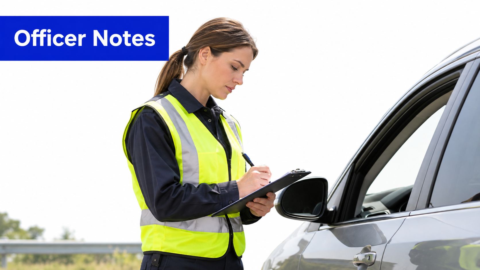 A female police officer in a high-visibility yellow vest writes notes on a clipboard beside a car.