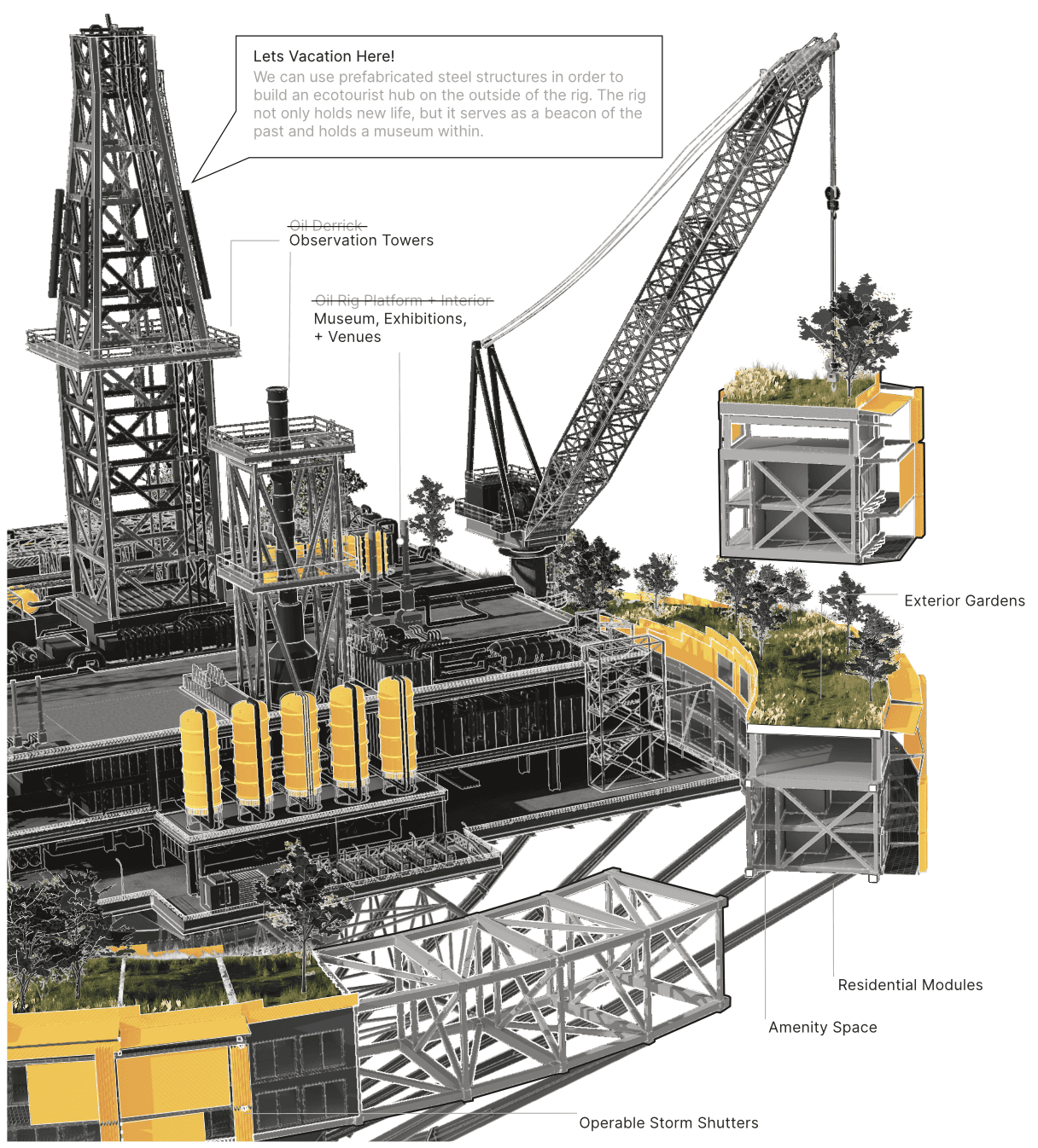 Axonometric illustration of “Eco Rig”, a modular adaptive re-use of existing oil rig platforms.