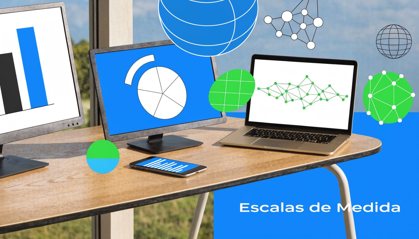 Escritorio con monitores y computadora mostrando gráficas y diagramas sobre variables cuantitativas y cualitativas de datos.
