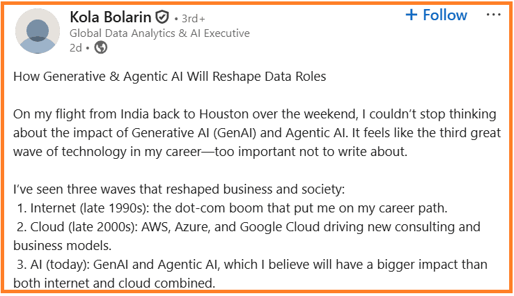 LinkedIn post by Kola Bolarin on AI reshaping data roles.