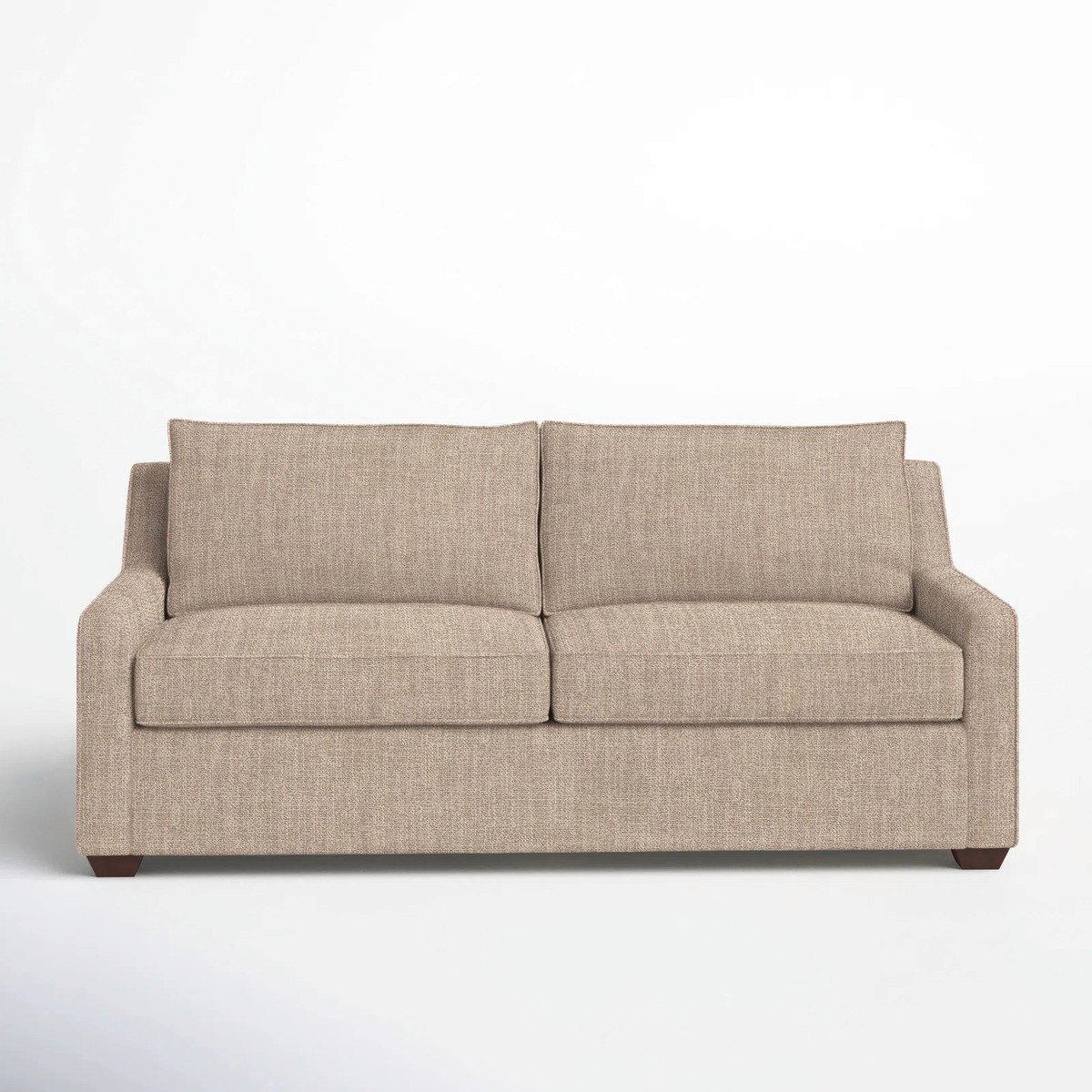 Beige upholstered 72-inch sleeper sofa with cushioned back and arms