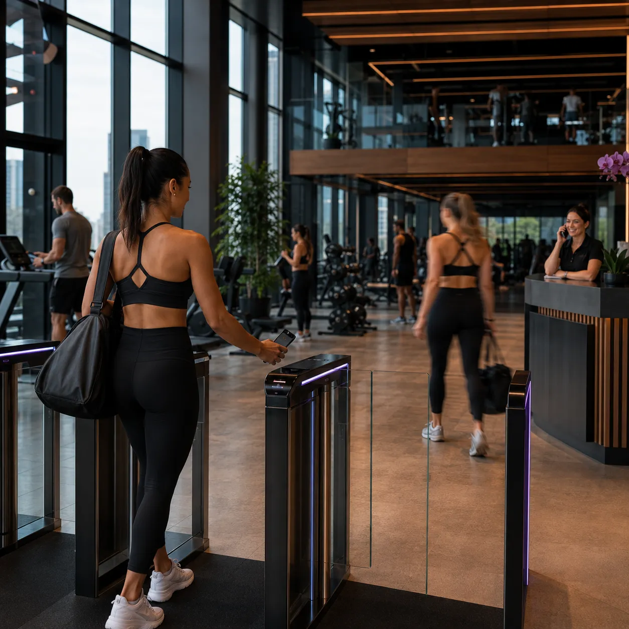 Deux femmes en train de passer le controle d'accès à l'entrée d'un gym moderne à Montréal